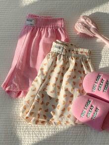 CovetEZ 2 Pcs Women's Elastic Waist Striped Print Patch Casual Versatile Shorts Sleepwear Shorts Croissant Print Shorts Striped Shorts Pajama Shorts Cute Shorts Comfortable And Sweet Shorts For Casual Wear At Home; Loose Fit; Stylish And Versatile. - Multicolor - View 5