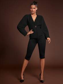 Hauture Women's Office Casual Elegant Low Front Neck With Barrel Sleeves Tweed Blazer - Black - View 4