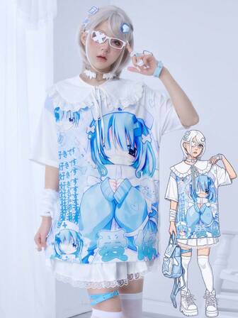 Anime Cartoon Logo Slogan Yandere Mädchen Locker geschnittenes Rundhals Kurzarm T-Shirt