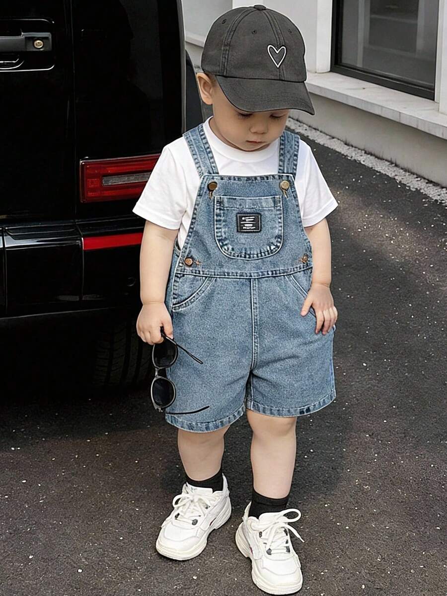 2pcs/Set Young BoyFitted Denim Bib Shorts And White T-Shirt - Blue - View 1