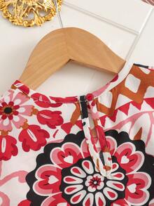 SHEIN Summer Floral Pattern & Solid Color Button Back Neck Dress - Multicolor - View 6
