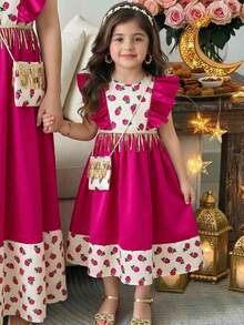 SHEIN Blush Pink Summer Formal Party Floral Contrast Color Sequins Tassel Long Ruffle Hem Abaya Kaftan With Bag For Girls - Hot Pink - View 1