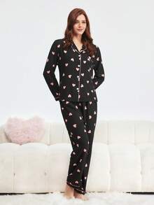 Bonmuse 2 件套女士心形印花睡衣套装，长袖纽扣领上衣和长裤，休闲睡衣家居服，适合秋冬，秋季服装 - 黑色 - 查看 5