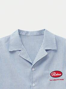 Manfinity Unisex Men's Letter Embroidery 2 In 1 Long Sleeve Casual Striped Shirt - Blue and White - View 4