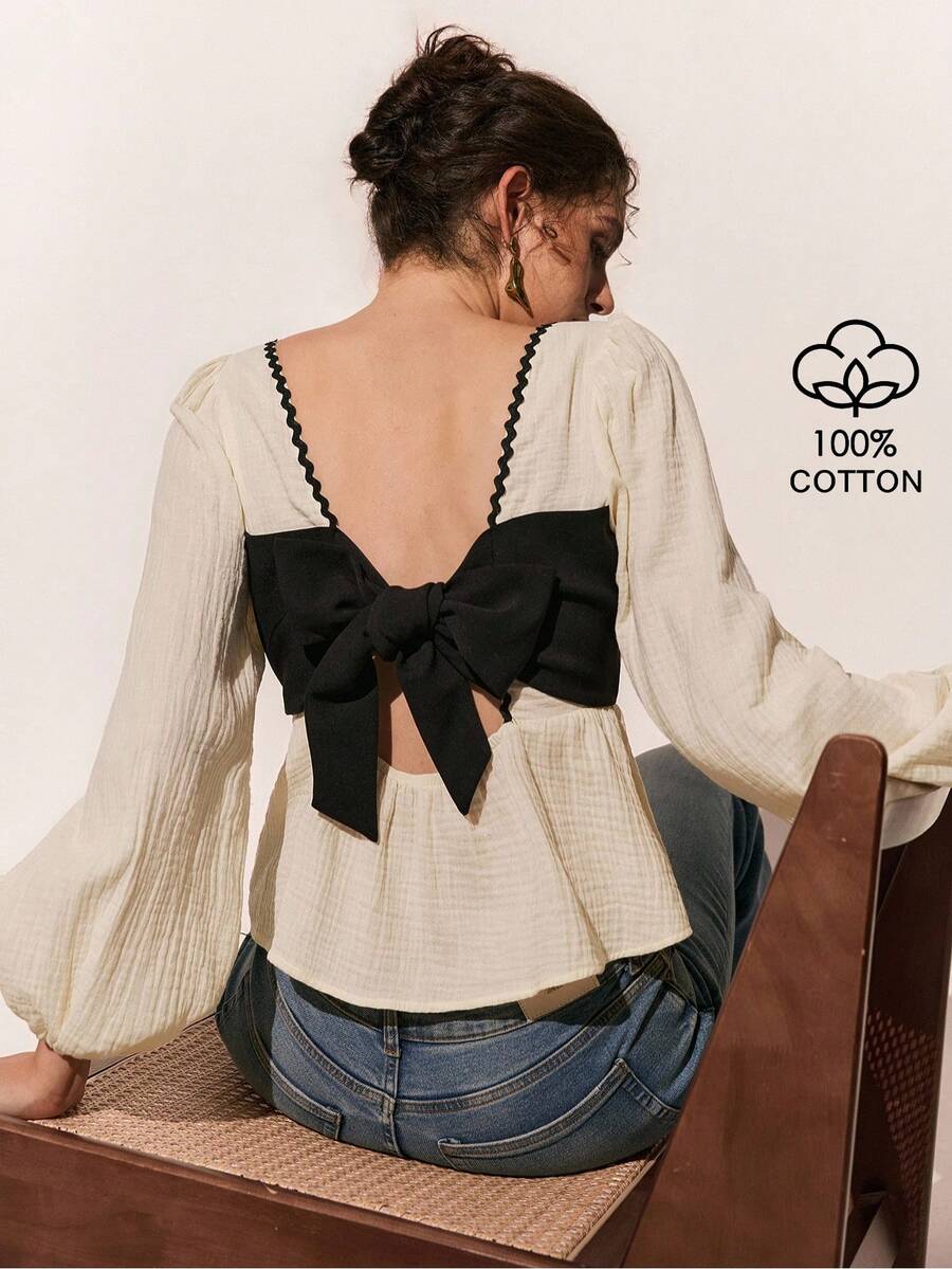 Poéselle Áo cánh thời trang nữ có nơ trang trí, cổ vuông và tay áo lồng đèn - Màu be - Xem 1