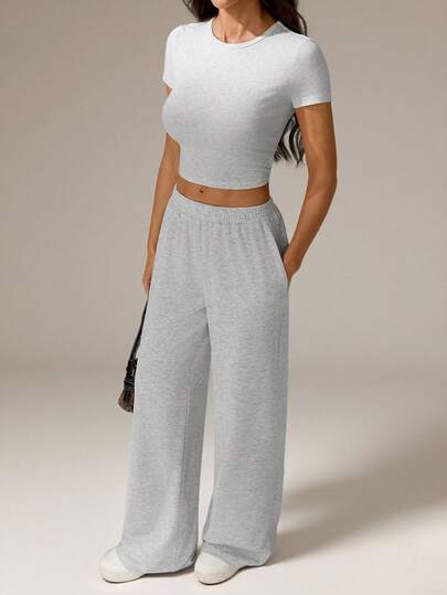 SHEIN Tall Ensemble 2 pièces t-shirt court et pantalon de couleur unie décontracté pour femmes, été