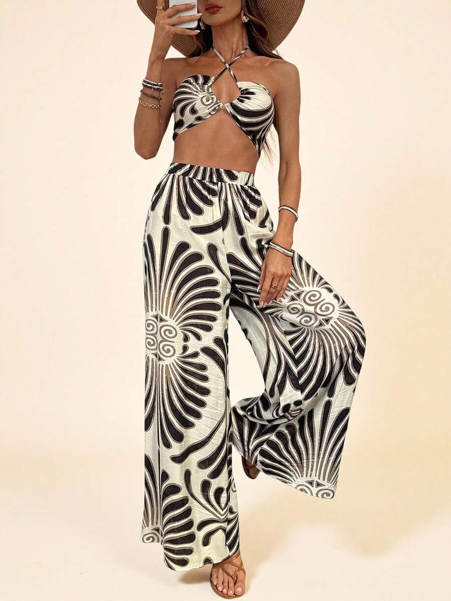 Coeurva 2 件套 - 女式无袖印花吊带上衣和高腰阔腿裤 - 黑與白 - 查看 1