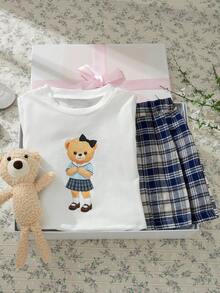 Souflis Souflis 2pcs/Set French Style Casual School Girl White Round Neck Cute Bear Graphic T-Shirt & Khaki Plaid Skirt Outfit, Suitable For School, Leisure, Home And Other Occasions, Girls - Multicolor - View 9