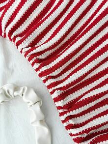 Teen Girls Striped Asymmetric Ruched Snug Fit Mini Dress, Casual Vacation Beach Party Dress - Red and White - View 6