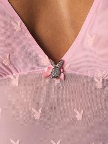 Missguided x Playboy Đầm ngắn cổ yếm khoét sâu với hình thỏ đính đá và viền bèo nhún, thích hợp cho tiệc tùng, đi club hoặc ngày Valentine. - Hồng - Xem 2