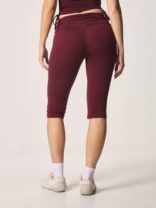 Missguided x Playboy High Rise Folded Waistband Capri Leggings With Side Tie Detail Cropped Length Fitted Athletic Style Burgundy Wine - Burgundy - View 2