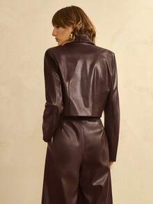 Revavyn Revavyn Women's Woven PU Leather Fabric Notch Lapel Straight Shoulder Long Sleeves Double-Breasted Design Daily Casual Short Jacket Fall For Women - Coffee Brown - View 6