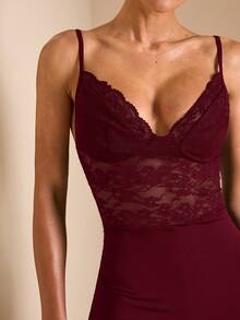 SHEIN BAE 夏季女士黑色低胸性感蕾丝胸罩式阔腿连体裤，适合日常外出、约会、派对、聚会、夜生活和海滩度假，优雅连体裤 - 酒紅色 - 查看 7