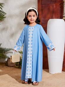 SHEIN 2-częściowy skromny zestaw szaty i sukienki z nadrukiem totemu w kwiaty na obchody Eid, pasujące do matki i córki - Niebieski - Zobacz 3