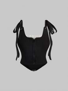 ROMWE Goth 女士哥特式蕾丝边天鹅绒吊带背心 - 黑色 - 查看 2