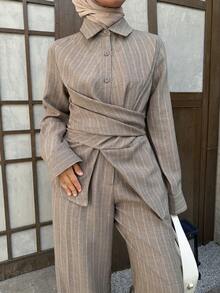 DAZY 女士休闲条纹交叉系带衬衫和阔腿裤两件套，春夏款 - 灰色 - 查看 8