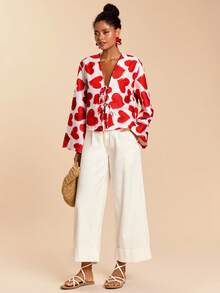 Travachic Women Boho Red White Heart Print Shawl Collar Long Sleeve Knot Front Blouse - Red and White - View 4
