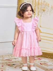 SHEIN Baby Girl Elegant Pink Tulle Dress 2pcs Set,Summer Cute Flower Girl Ruffle Round Neck V-Back Bowknot Decor Toddler Girls Vintage Style Pink Dresses - Pink - View 3