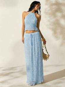 Easelle Women's Vacation Outdoor Romantic Halter Backless Low Waist Skirt Set Beach Skirt Set Summer Skirt And Top Set Summer 2 Piece Sets Woman Beach 2 Piece Set 2 Piece Skirt Set - Blue - View 3