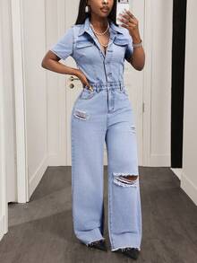 Slaydiva Women's Casual Everyday Commute Fashion Ripped Waist Denim Jumpsuit, Spring/Summer/Autumn - Blue - View 5