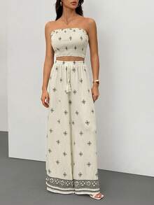 SHEIN Tall Women's Vacation Clashing Print Elegant Casual Stretchy Slimming Shirred Top Wide Leg Pants Set Tube Top And Pants Set Women Summer Clothes Women Two Pieces Outfits Vacation Outfits Woman Vacation Two Pieces Set Boho Women Clothing Flower Bohemian Vacation Outfits Woman Skirt Set Two Piece Outfits Women Maxi Skirt Two Piece Set Yamuna Cruise Summer 2 Piece Sets Woman Strapless Top And Skirt Set - Beige - View 3