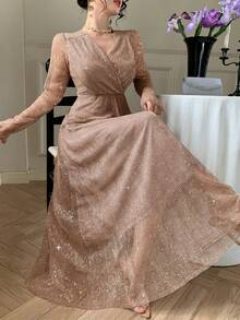 DAZY Women's Elegant Sequin V-Neck Long Dress, Spring/Summer - Apricot - View 1