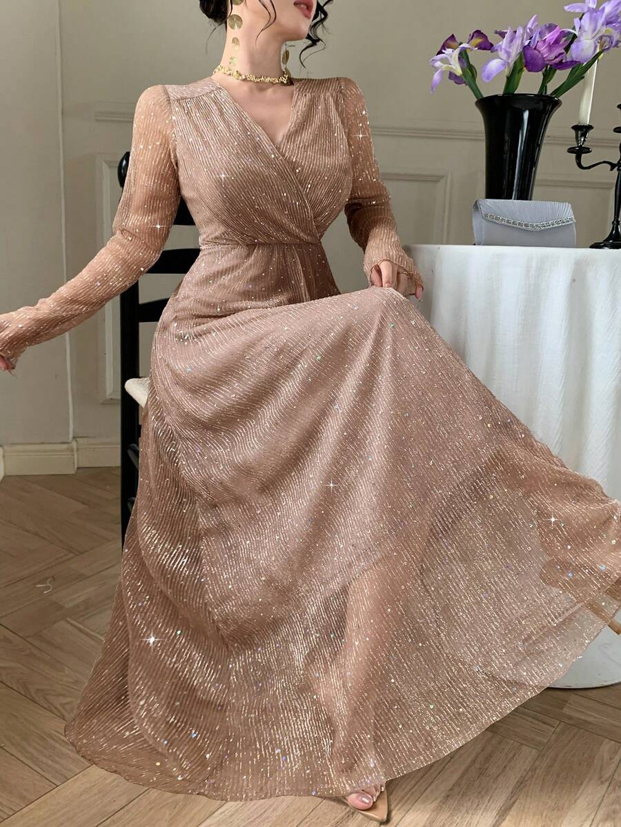 DAZY Women's Elegant Sequin V-Neck Long Dress, Spring/Summer - Apricot - View 1