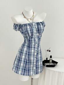 Elamini Women's Retro Off-Shoulder Spicy Plaid Button Waist Ruffle Hem Short Dress