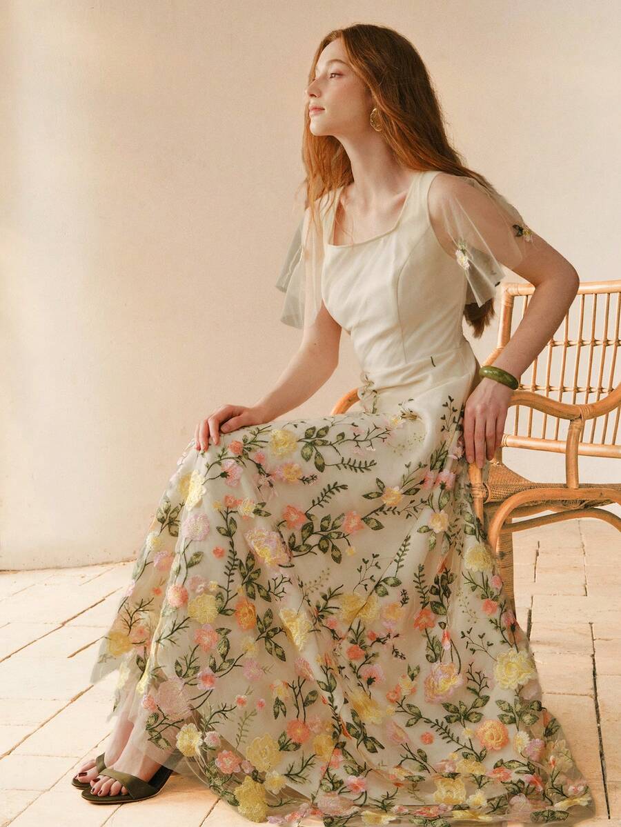 MOTF PREMIUM WOMEN'S ELEGANT FLORAL EMBROIDERY DRESS - Apricot - View 1