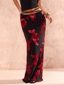 Glamine Women's Floral Jacquard Waist Crossed Skirt, Embroidered Maxi Skirt, Sexy Elegant Heavy Embroidered Floral Women's Long Fitted Pencil Skirt, Long Summer Dress For Women. - Multicolor - View 3