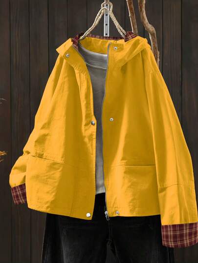 Linhara 大码纯色简约休闲连帽长袖外套 女式连帽外套 春季外套 女式大码外套 黄色外套