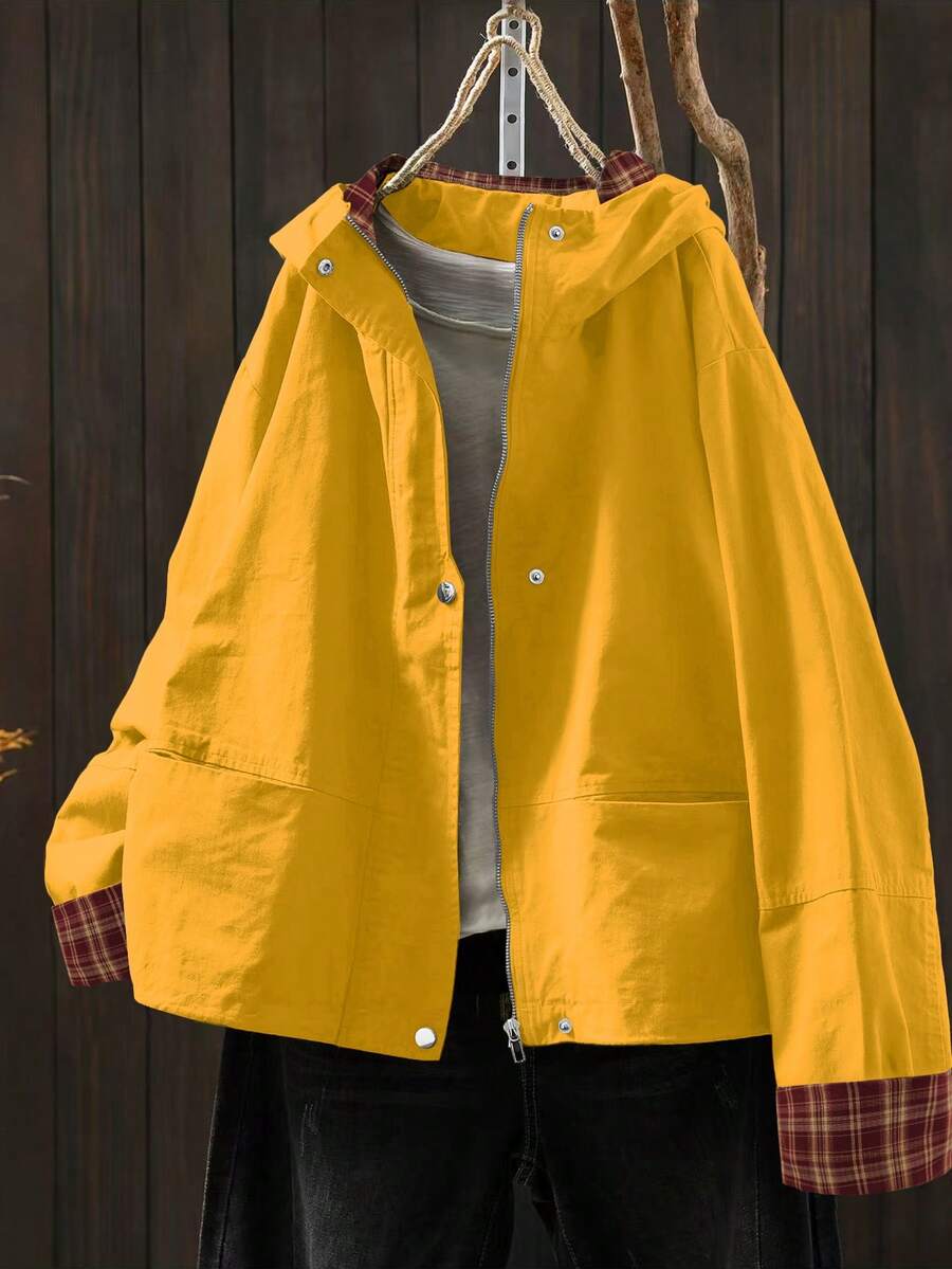 SHEIN LUNE CURVE 大码纯色简约休闲连帽长袖外套 女式连帽外套 春季外套 女式大码外套 黄色外套 - 黃色 - 查看 1