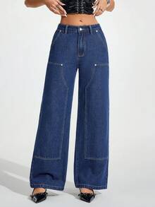 Flirla Women's Solid Color Slant Pocket Casual Versatile Wide Leg Jeans - Blue - View 1