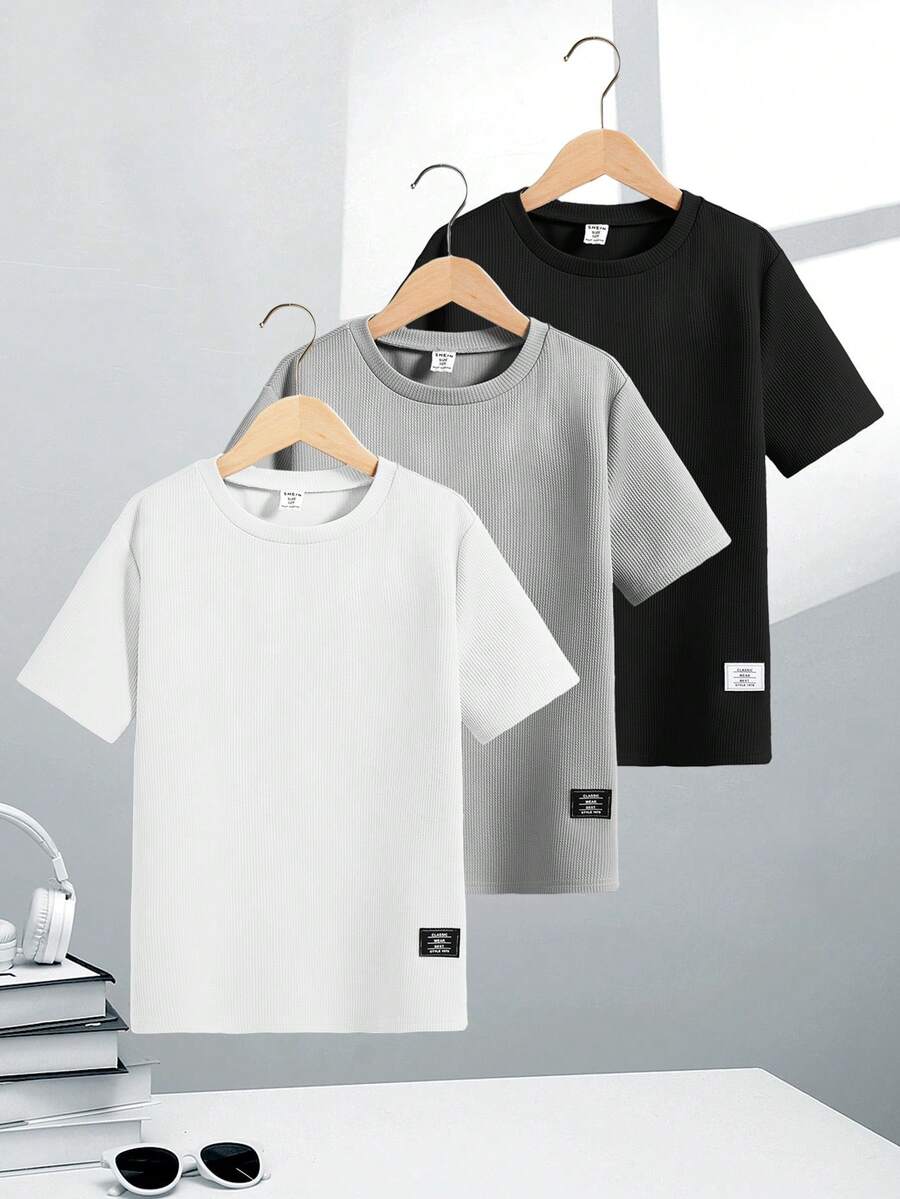 SHEIN 3pcs/Set Teen Boy Casual Solid Color Basic Textured Versatile Black White Grey Crew Neck Short Sleeve Knit T-Shirts, Spring/Summer - Grey - View 1