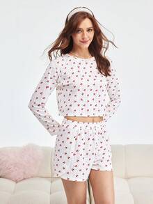 Bonmuse 两件套女士舒适圆领印花长袖上衣和侧开衩短裤，可爱家居服，秋冬服装 - 米色 - 查看 5