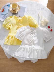 SHEIN 2件套 4-7岁女童休闲黄色/白色泡泡纹理蝴蝶结装饰荷叶边圆领泡泡袖上衣，适合春夏日常穿着、户外活动、休闲服 - 彩色 - 查看 2