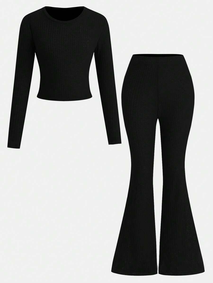 SHEIN Girlism 2pcs Tween Girls Loose Casual Embroidered Bow Tie Collar Simple Comfortable T-Shirt And Flare Pants Set - Black - View 1