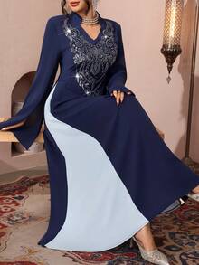 Al Najma Elaborate Beaded Embroidered Long Sleeve Maxi Dress, Turkish & Arabic Traditional Style - Royal Blue - View 7