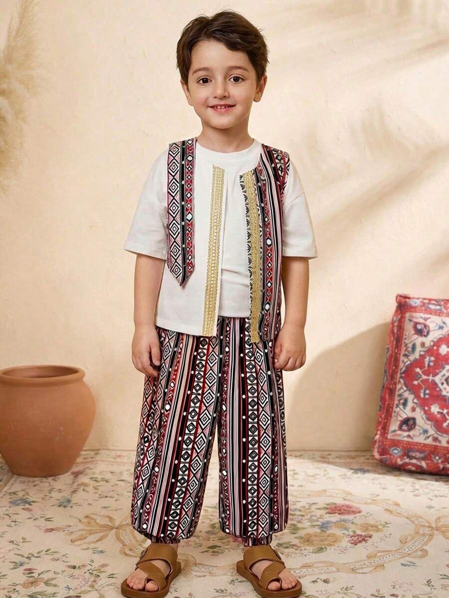 SHEIN Patchwork Print Sleeveless Vest & Pants Set,Summer,Matching,Family Vacation,Holiday Outfit - Multicolor - View 1