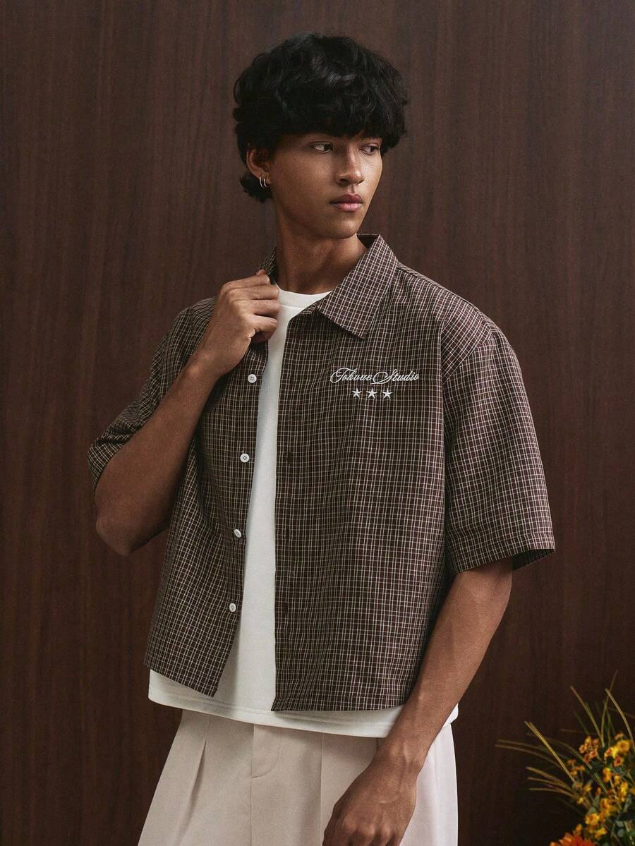 TOKVUE Áo sơ mi nam tay ngắn in họa tiết kẻ caro, cài cúc phía trước, thêu họa tiết, Áo sơ mi nam tay ngắn, Áo sơ mi nam dáng ngắn cài cúc, Áo sơ mi nam dáng rộng, Áo sơ mi nam thường ngày - Nhiều màu - Xem 1