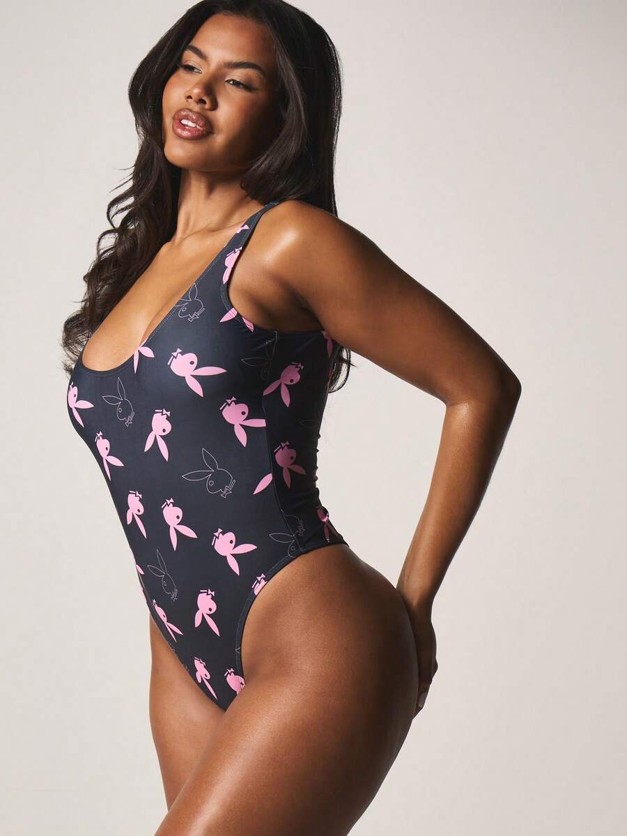 Missguided x Playboy Bunny Print One Piece Swimsuit With Scoop Neckline And Regular Straps Pool Beach Vacation Summer - Multicolor - View 1
