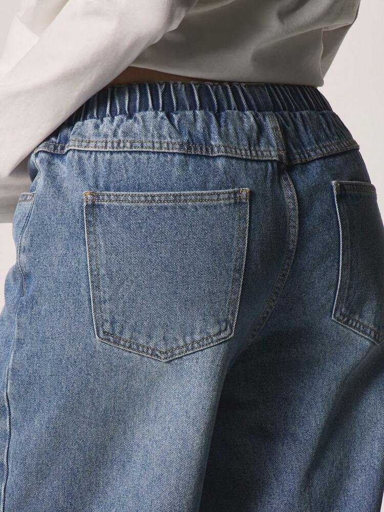 MISSGUIDED High Rise Elasticated Waist Wide Leg Denim Jeans With Medium Wash And Side Pockets For Casual Everyday Wear