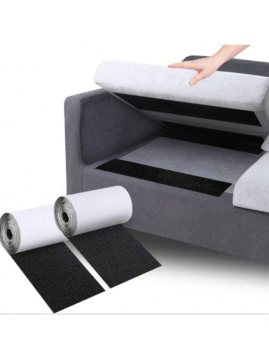 2 Rolls Couch Cushion Grip Tape Keep Couch Cushions From Sliding - Non Slip Cushion Pads, Heavy Duty Strips With Adhesive For Fabric, Outdoor Patio Cushions, Hook And Loop Anti Slip - Black - View 1