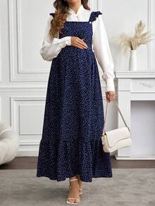 SHEIN Maternity Polka Dot Print Patchwork Ruffle Hem Fashionable Strap Dress - Royal Blue - View 5