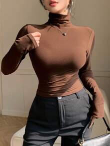 DAZY Top à col roulé manches longues slim fit marron patchwork de couleur unie pour femmes, convient pour l'automne et le printemps - Tabac - Voir 8