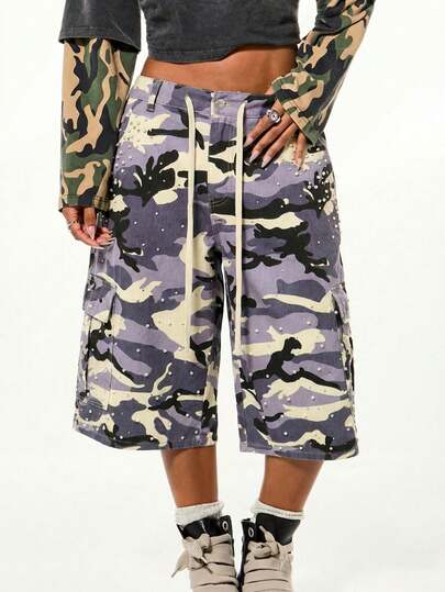 SUMWON WOMEN Wide Leg Cargo Denim Shorts With Camo Print Pearl Rhinestone Hotfix Details Twill Fabric High Waisted Bermuda Jorts Festival Summer Streetwear