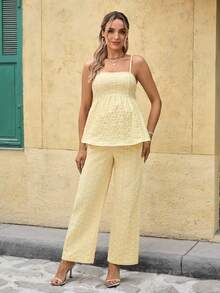 SHEIN 两件套休闲黄色碎花吊带背心和松紧腰裤孕妇套装 - 黃色 - 查看 5