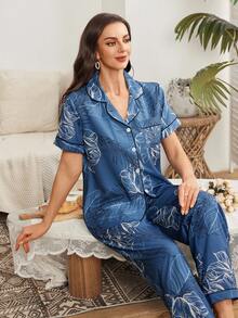 SHEIN Women's Leaf Pattern Lapel Pajama Set - Blue - View 5