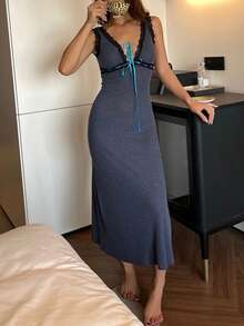 DAZY Camisón largo para mujer con cintura ceñida, decoración de cinta de contraste y parches de encaje cautivadores sin mangas - Gris Oscuro - Ver 8