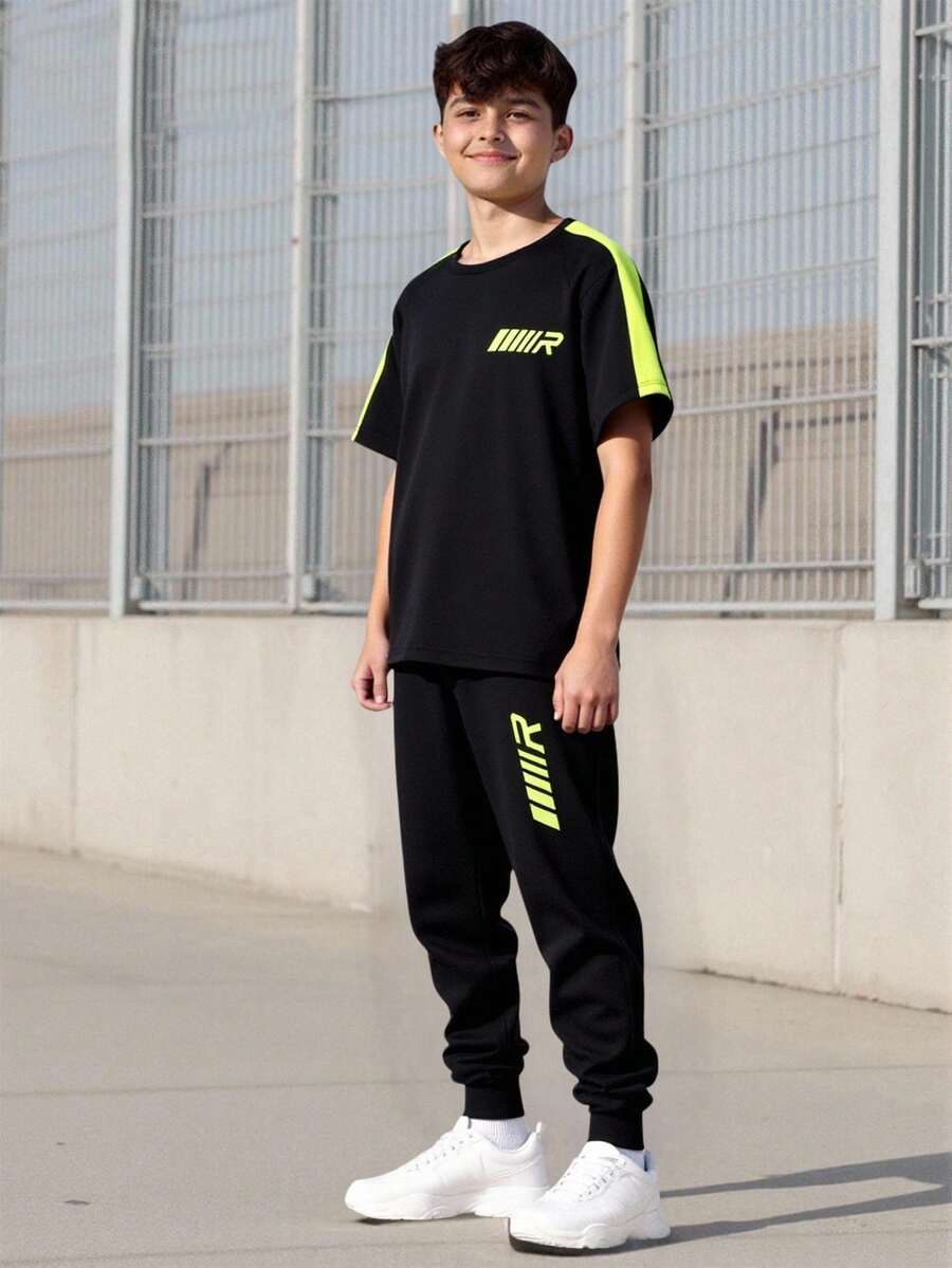 Vacaura 2pcs/Set Tween Boys Black Bird Eye Print T-Shirt & Pants,Soft Comfortable Fashion Streetwear,Autumn City Break Club,Outdoor Sports School Photography - Black - View 1